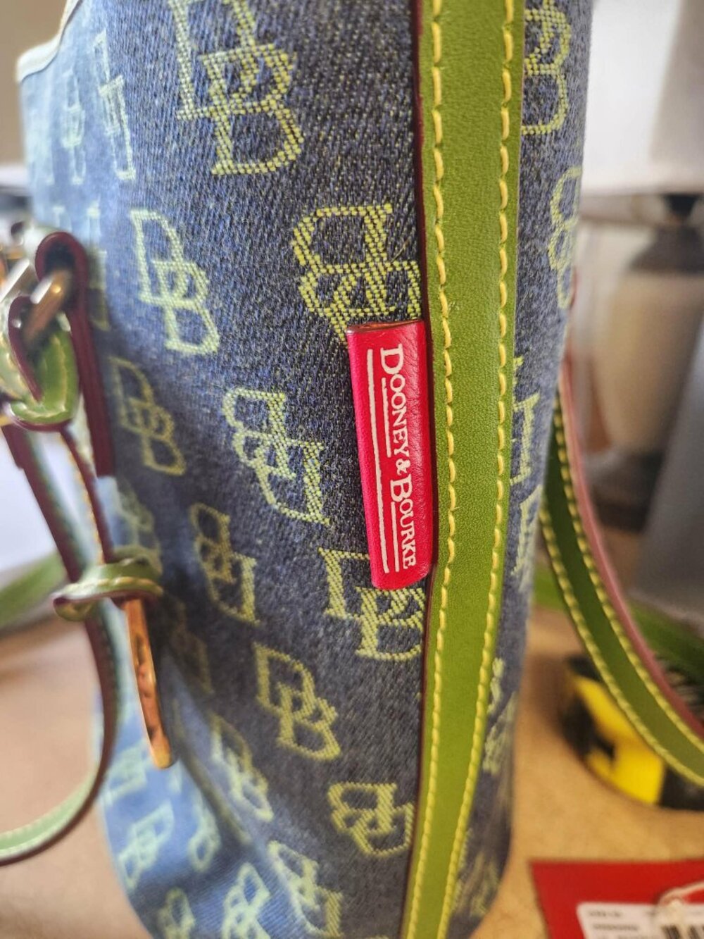 Dooney Bourke North South Bucket Bag Blue Denim Green Purse Handbag Shoulder Bag - Picture 6 of 16
